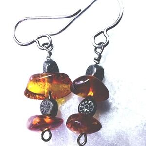 Artisan Sterling Amber Earrings Dangle Wire Hooks
